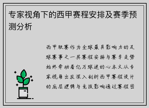 专家视角下的西甲赛程安排及赛季预测分析